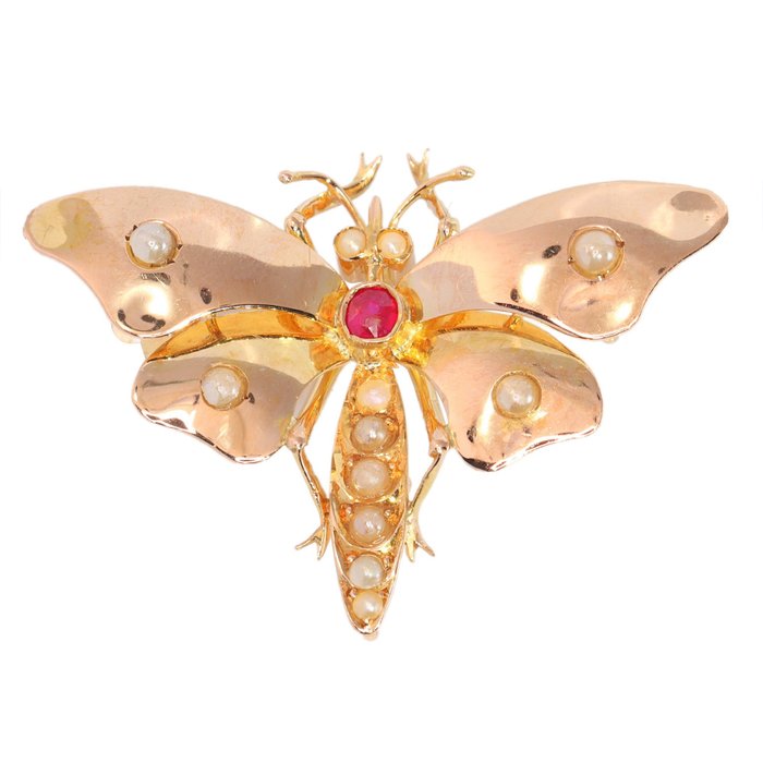 NO RESERVE PRICE 18 kt. Reddish/Yellowish gold - Brooch - Butterfly, Ruby,  Pearl, Vintage antique anno 1890 - Catawiki