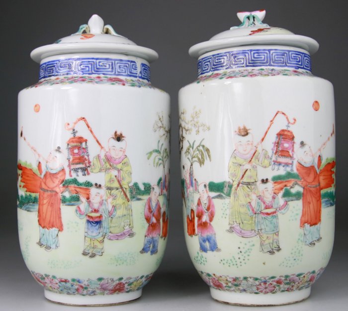 鏡面帶蓋花瓶一對-粉彩-宣統品牌 - 瓷器 - 中國 - 二十世紀