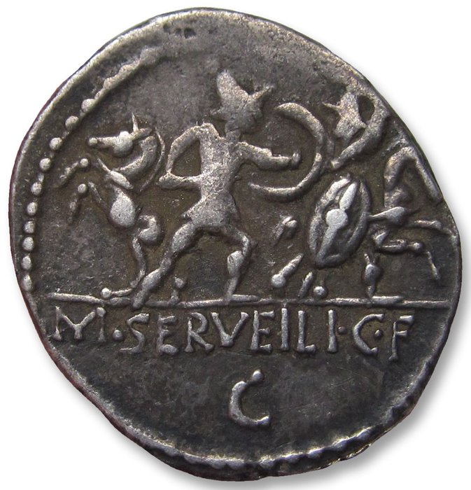 羅馬共和國. M. Servilius / Serveilius C.f.. Denarius Rome 100 B.C. - control letter X on obverse, C on reverse -