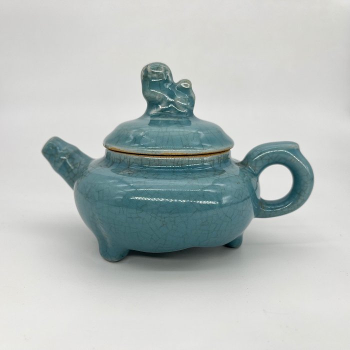 茶壶 - 冰裂纹青瓷釉面刻痕 - 瓷