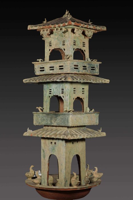 Oud-Chinees Geglazuurd terracotta uitkijktoren. Spaanse exportvergunning. - 100 cm