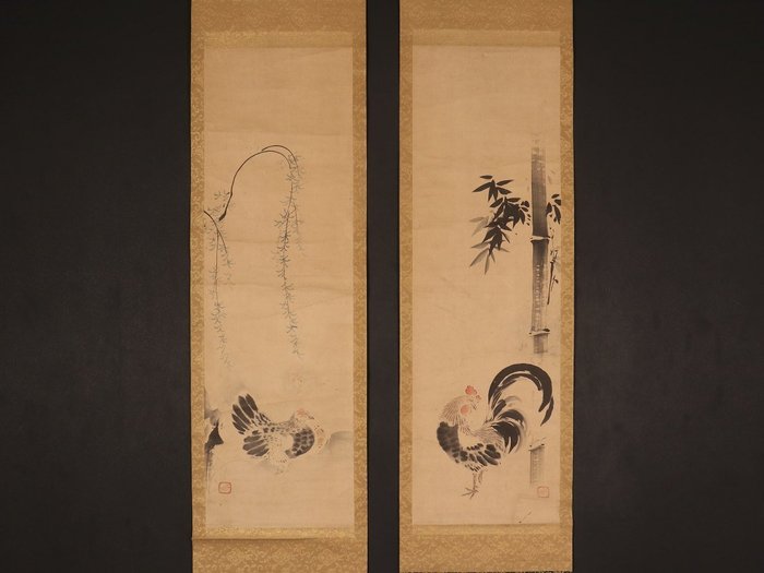 Very fine sumi-e diptych "Rooster and chickens", signed - including tomobako and kantei-sho - Kano Naonobu (1607-1650) - Japan - Tidlige Edo-periode