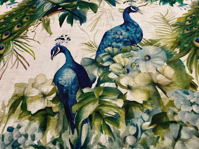 Exclusive fabric in  cotton - digital printing with peacocks - 3.00 x 2.80 metri - Tessuto per tappezzeria  - 300 cm - 280 cm