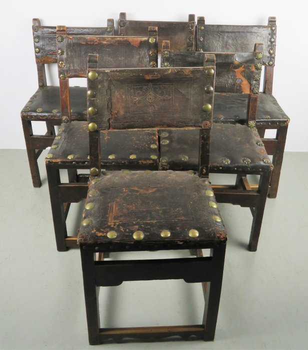 椅 (6) - 核桃木, 皮革, 銅