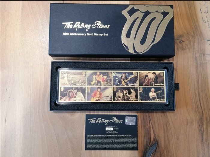 The Rolling Stones - 60th Anniversary - Gold Plated Stamp Set - Royal Mail UK - 盒装盒 - 带编号