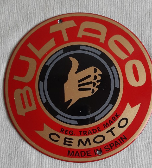 Bultaco Cemoto Reg.Trade Mark Made in Spain - Emalilevy - Metallia emalilla