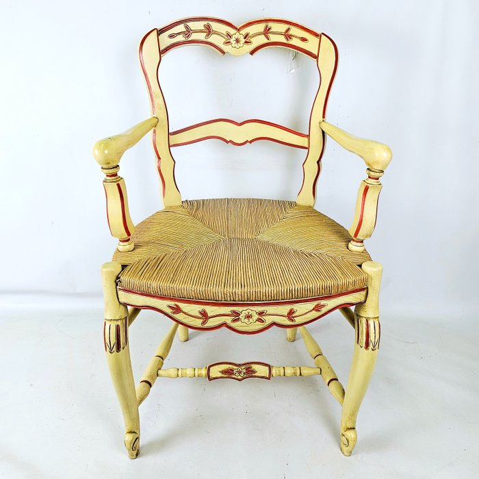 Exceptionally elegant wooden chair with woven wicker seat - Fauteuil - Bois, Verre