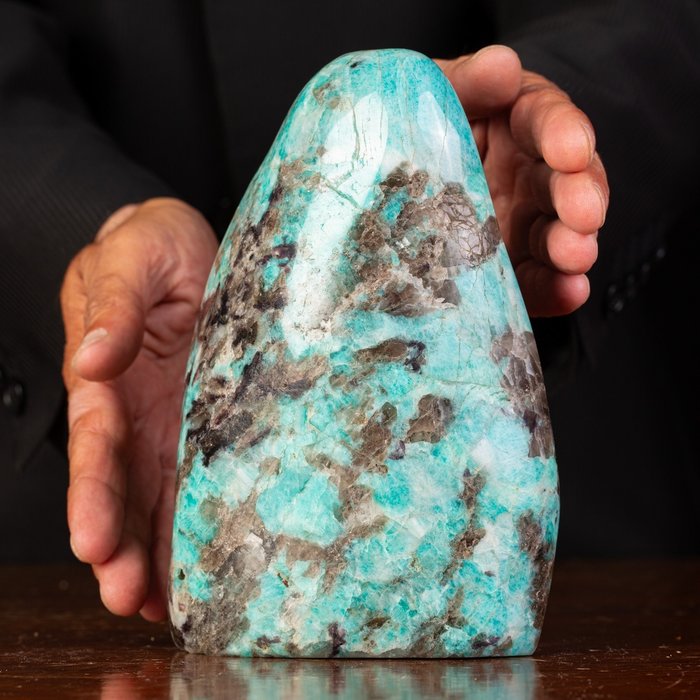 Free Form Stone Of: Amazonite With Black Quartz And Lepidolite - Height: 198 mm - Width: 130 mm- 2.23 kg