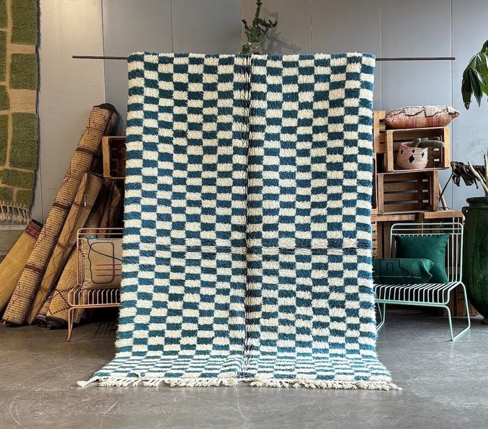 蓝色格子手工摩洛哥地毯 - 手工编织柏柏尔羊毛地毯 - 小地毯 - 260 cm - 160 cm