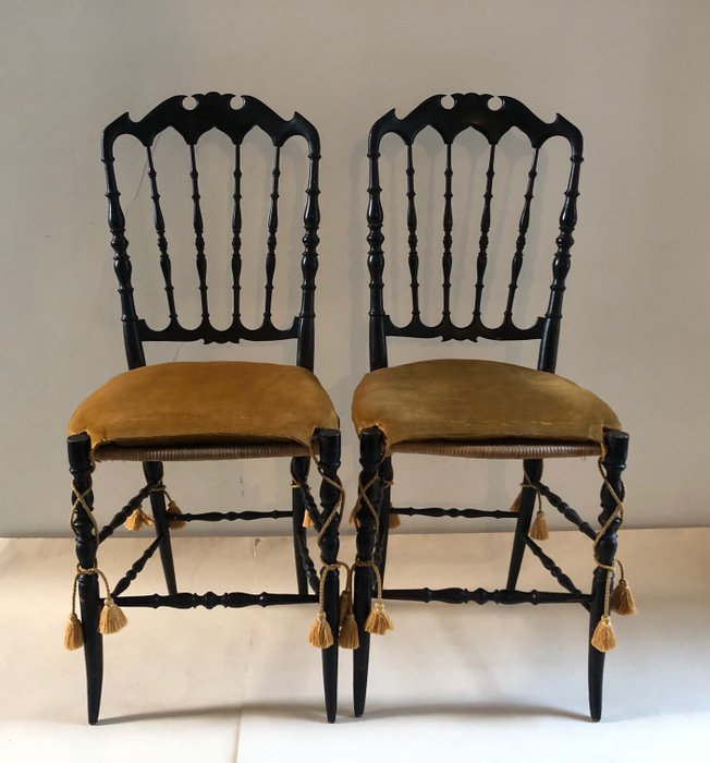 Sedia - Coppia di sedie chiavarine - legno, paglia, tessuto, corda