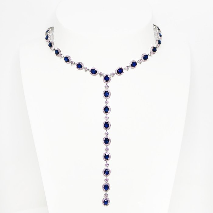 Ohne Mindestpreis - IGI 11.82 ct Natural Blue Sapphres with 3.95 ct Natural Pink Diamonds - Halskette - 14 kt Weißgold Saphir - Diamant 