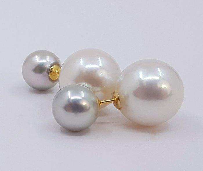 耳环 8.5x11.5 毫米银色 Akoya 和白色爱迪生珍珠 - 18 克拉。黄金 