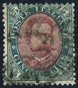 Olaszország 1889 - Umberto 5 lire zöld és piros. Ritka, tökéletes fogazattal. Bizonyítvány. - Sassone N. 49