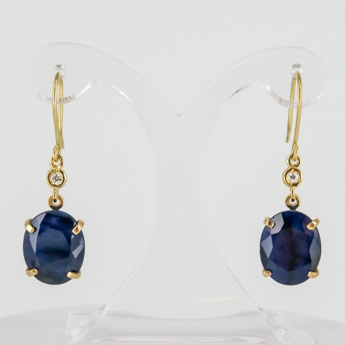 耳環 - 18 克拉 黃金 鉆石  (天然) - 藍寶石 