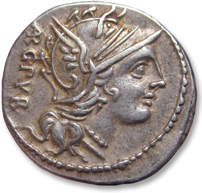 罗马共和国. L. Sentius C.f., 101 BC. Denarius Rome mint - control letter K on reverse - perfectly centered