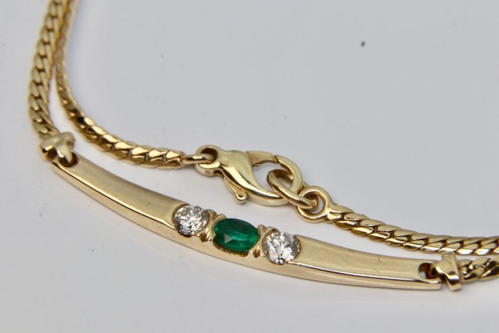 Handmade - Halskette - 14 kt Gelbgold Smaragd - Diamant 
