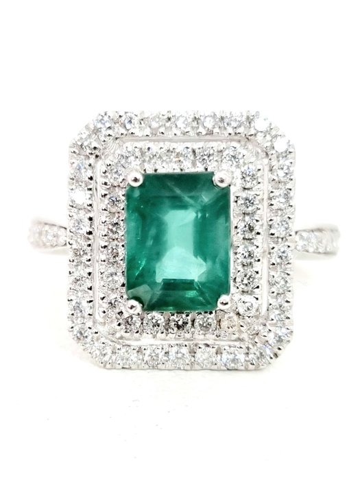 戒指 - 白金  1.90ct. 八角形 祖母绿 - 钻石 