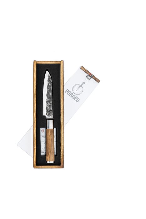 Santoku Knife - Forged and Hammered - 440C Japanese Stainless Steel - Olive Wood - Coltello da cucina - Acciaio (inossidabile), Legno (ulivo) - Giappone