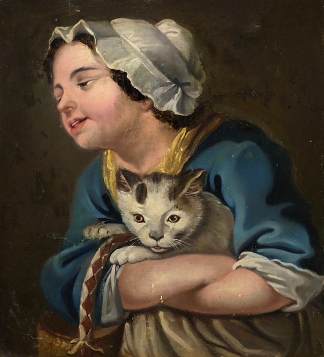 École Française (XIX) - Portrait de fillette avec chaton