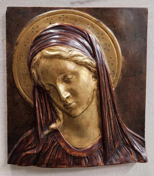 Relieff, Madonna scolpita a mano su legno - 40 cm - Tre