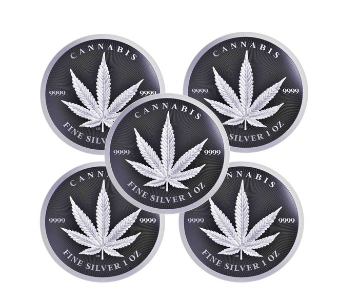 Chade. 5000 Francs 2024 Cannabis Silver Coin in capsule, 5 x 1 oz