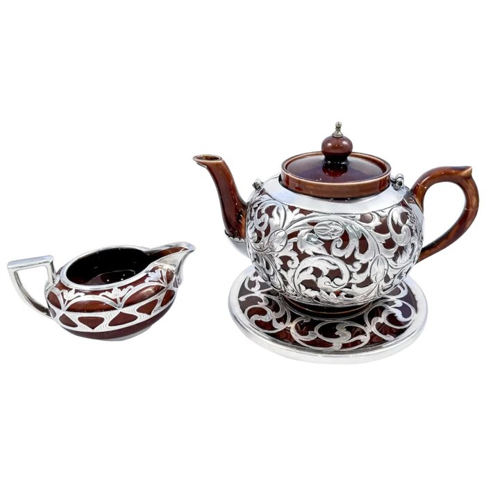 Wedgwood, Lenox and Ernest Lloyd Lawrence Art Nouveau Lenox brown teapot, stand and creamer with sterling silver overlay - Teeastiasto (3) - .925 hopea, Posliini