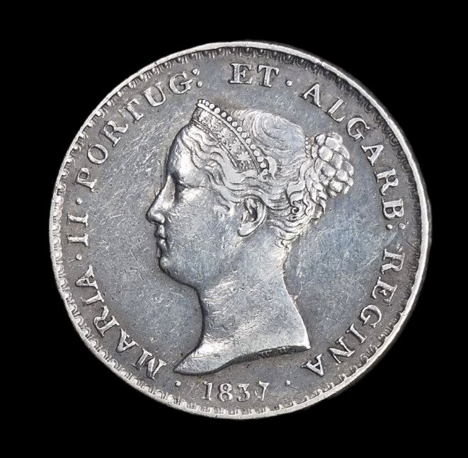 葡萄牙. D.玛丽亚二世 （1834-1853）. 500 Reis 1837 - Data Emendada (6 sobre 7) - Muito Rara