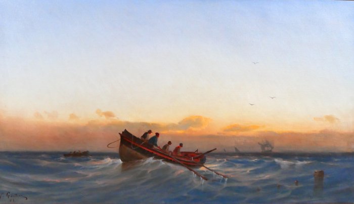 François Gautier (1842-1917) - Boat at sea, large panoramic painting