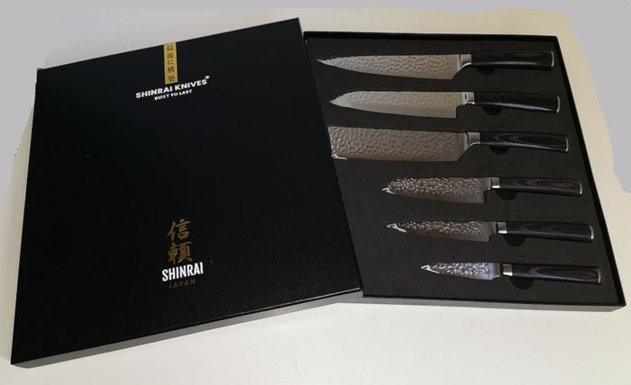 Shinrai Japan™ - Cuchillo de cocina - Juego de cuchillos de chef profesionales hechos a mano de 6 piezas - Acero japonés martillado - Japón