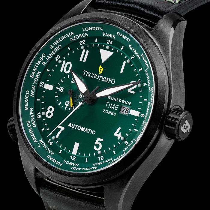 Tecnotempo® - Automatic World Time Zones - 300M WR - Limited Edition - - Ingen mindstepris - TT.300.WLKGR (All black /green) - Mænd - 2011-nu