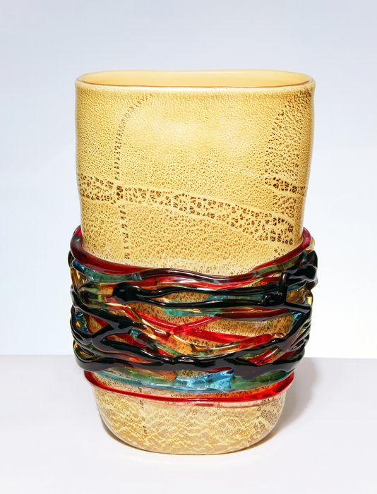 Vetro Artistico Murano 036 Sergio Costantini - Váza -  Többszínű alkalmazások - 32 cm x 3,5 kg  - Ezüst levél, Üveg