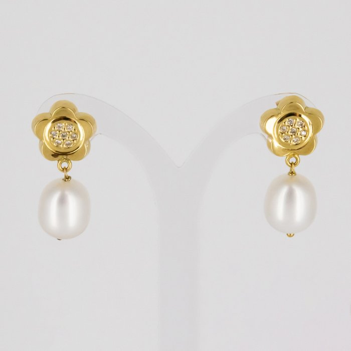 Ohne Mindestpreis - Ohrringe - 18 kt Gelbgold Diamant  (Natürlich) - Perle