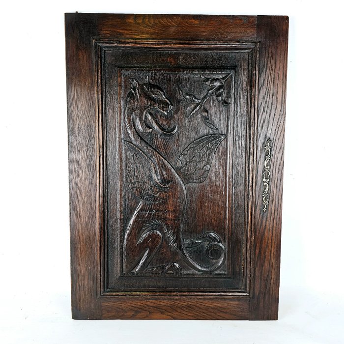 19th century wood sculpted relief panel depicting a winged mythical - Panel - Fa