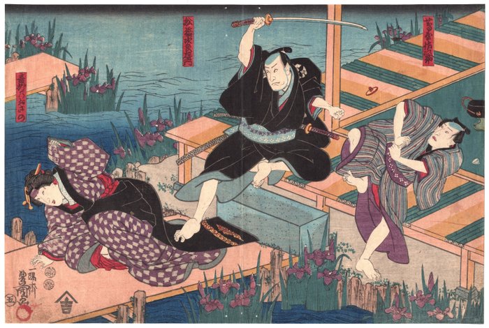 Kabuki actors Nakamura Utaemon IV as Funabashi Jirōzaemon & ? as Tsutaya Sajirō - 1847-52 - Utagawa Kunisada (1786-1865) - Ιαπωνία -  Edo Period (1600-1868)