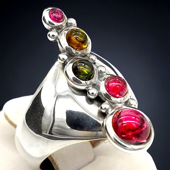 Turmalina Natural Multicolor Particular anillo de plata con gemas de turmalina. - Altura: 30 mm - Ancho: 26.5 mm- 12.15 g - (1)