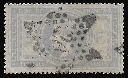 Frankrijk 1869 - 5Fr van het rijk met 5 en F in blauw. Met poststempel ster 26 van Parijs. Waardering € 1400. - Yvert et Tellier.N °33A