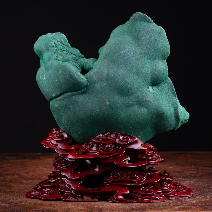 From Old Collection - China - Wonderful Botroidal Malachite - Carved Decorative Base - Height: 270 mm - Width: 250 mm- 4807 g