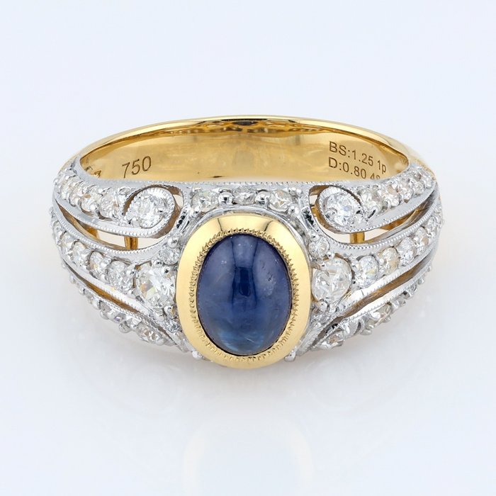 "IGI" - (Intense Blue) Sapphire 1.25 Ct & Diamonds Combo - Ring - 18 kt Gelbgold, Weißgold