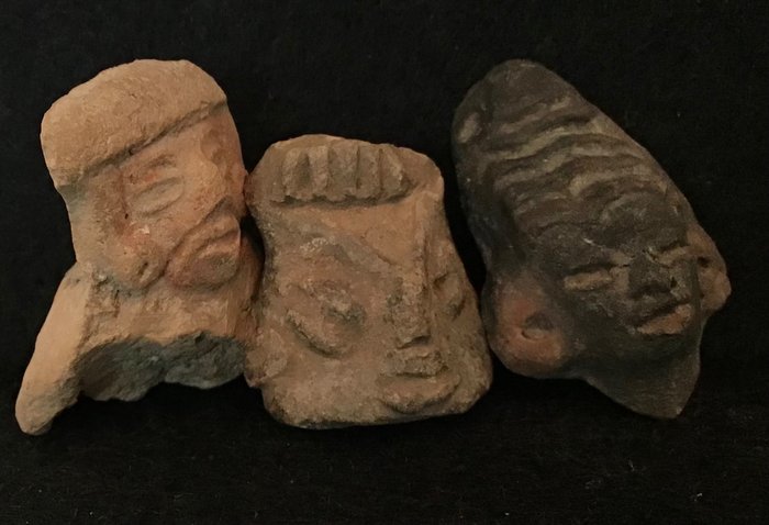 Three Teotihuacan and Michoacan culture pottery heads - Mexico - Pottery Heads