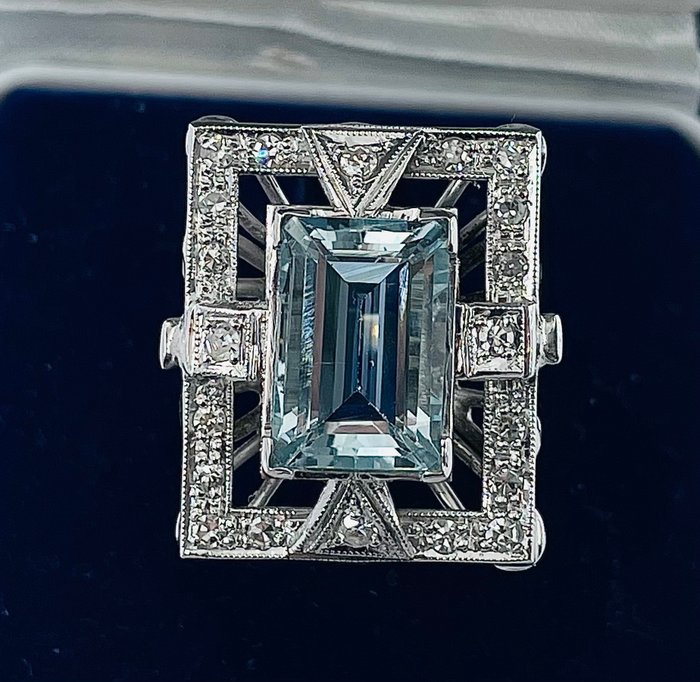 18 ct. Aur - Inel Aquamarine - Diamant