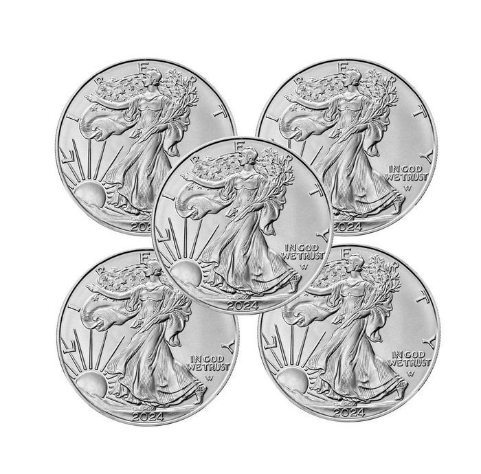 Yhdysvallat. 2024 American Silver Eagle Coin in capsule, 5 x 1 oz