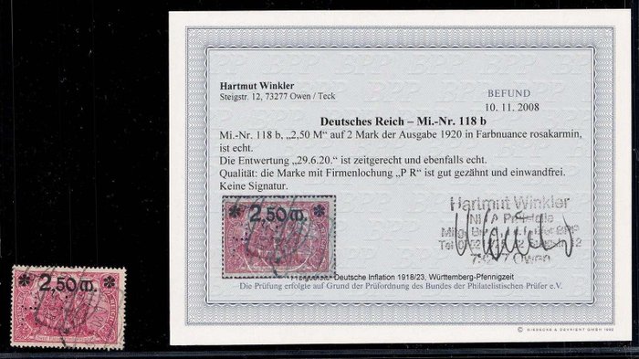 Cesarstwo Niemieckie 1920 - 2,50 o. na 2 oczkach różowy karmin z firmową perforacją "P R" autentycznie wybitą. Odkrycia - Michel 118b