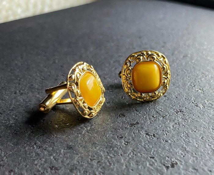 Amber Cufflinks - genuine Baltic amber in sterling silver 24K gold plated - Amber - Baltic amber - succinite