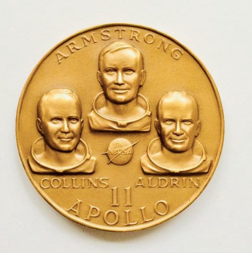 USA - Apollo 11 - Bronze Medallion 7 cm / 113 gr - Armstrong, Aldrin, Collins, 1969 Moon Lanring - Commemorative token