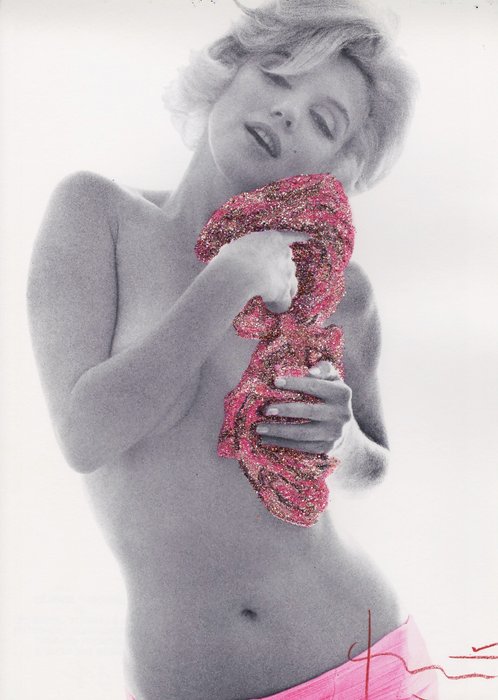 Bert Stern/jeweled by Lisa and Lynette Lavender - Bert Stern signed Marilyn Monroe cuddling pink roses jeweled with Swarovski crystals