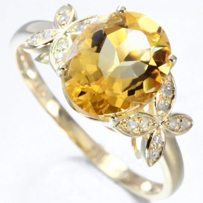 Ring - 14 karat Gulguld Citrin - Diamant 