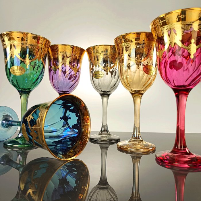 Secoloventesimo - Servizio di bicchieri per 6 persone (6) - Amalfi Gold water goblet - .999 (24 kt) oro, Smalto, Vetro