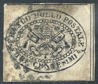 Italian antiikkivaltiot - Kirkkovaltio 1867 - Paavin vaakuna, toinen numero. 3 senttiä harmaa pinkki. Hyvät marginaalit. Todistus - Sassone N. 14