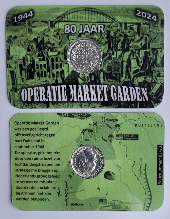 Olanda. Wilhelmina (1890-1948). 1944 Coincard "Operatie Market Garden 80 jaar" Private uitgave  (Fără preț de rezervă)