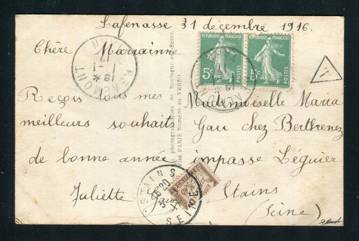 Frankrijk 1917 – Zeldzame ansichtkaart van Réalmont belast met de helft van een belastingzegel nr. 29